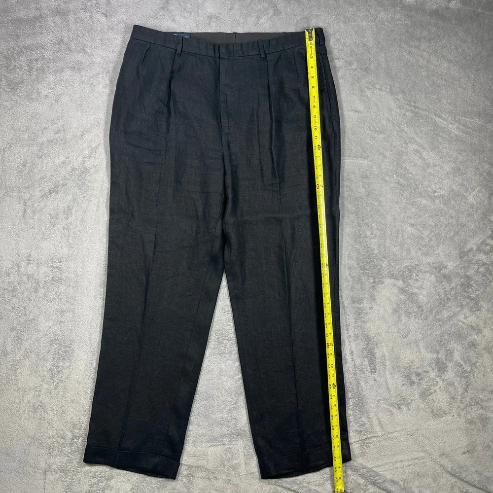 Polo Ralph Lauren Pants Mens 40(39)x32 Black 100% Linen Pleated Cuffed Trousers